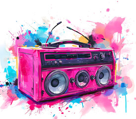 Watercolor Pink boom box on white background 