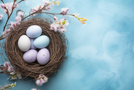 Image of a bird nest with pastel color easter eggs and flowers