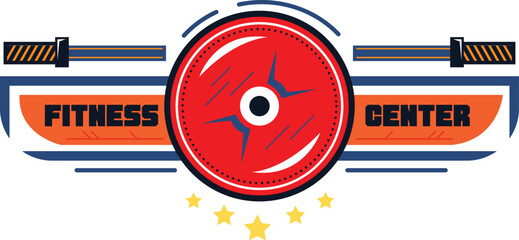 Obraz premium Colorful vector illustration of fitness center logo featuring stylized barbell and stars. Eye-catching gym logo with barbell and vibrant red, blue, orange elements.