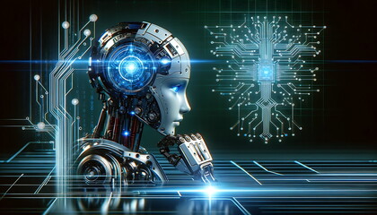 Digital illustration concept art of wire-frame glowing robot machine learning, AI concept robotic