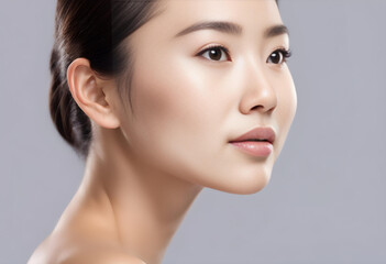Fototapeta premium Exquisite Elegance: Side View Portrait of an Asian Woman with Luminous Melanin Skin, Isolated on a White Background