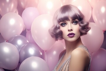 Elegant lady with purple hair and silver dress posing with balloons