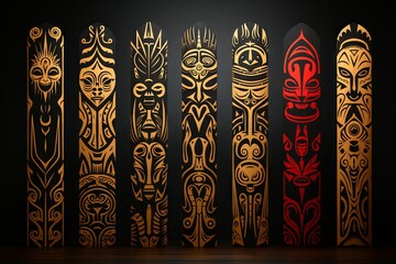A collection of traditional tribal Polynesian totems with tribal patterns in a multi-colored palette on a dark background.