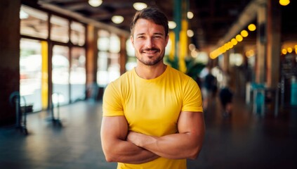 A banner with a fitness trainer in a yellow T-shirt. A mockup of purple sportswear. A fitness advertising banner with yellow branding color. Advertising a healthy lifestyle and weight loss - obrazy, fototapety, plakaty