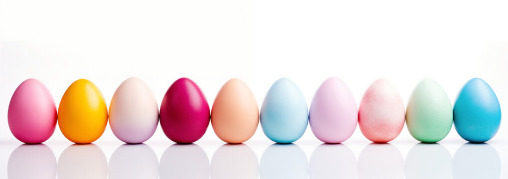 Image of ten easter eggs in a row white background, commercial style, pastel color, isolated, banner, clean, 
