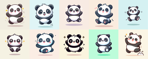 Vector set of cute panda jumping