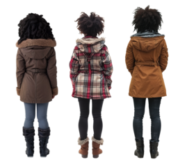 African American women back view wearing winter outfit over white transparent background