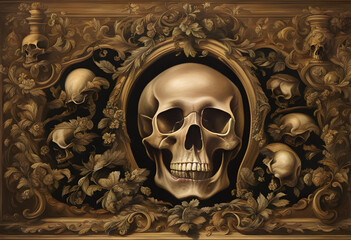 Timeless Symbolism: Renaissance Oil Painting of a Baroque Skull and Bones, an Intricate and Elegant...