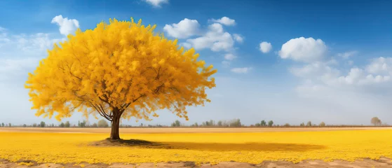 Poster A striking yellow tree stands tall and vibrant in the middle of a sprawling field, commanding attention with its radiant beauty. Natural landscape wallpaper background © guruXOX