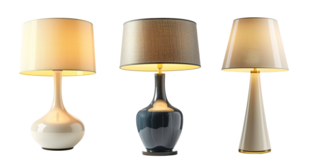 Collection of modern elegant set of lamp tables over isolated transparent background