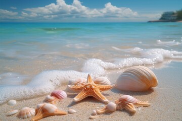 Fototapeta na wymiar Seaside serenity Crystal clear water, seashells, and starfish on beach