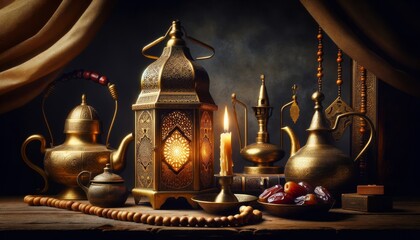 Ramadan Serenity. Golden Lanterns, Arabian Teapots, and Prayer Beads