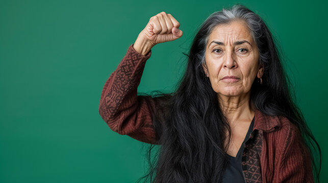 femme avec le poing lev&eacute;, arabe, sur un fond vert