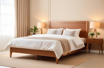 Fototapeta na wymiar Clean wood bed. Light bedroom. Modern apartment interior. White sheet, soft pillow, blanket and bedside table. Home, hotel stylish design. Comfortable bedding set. Rent business. Real estate agent.