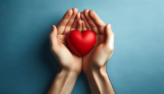 Digital illustration concept art of a hand hold heart with blue background