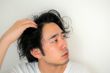 Fototapeta premium 生え際の薄毛に悩む男性（AGA・男性型脱毛症・若ハゲ・M字ハゲ・はげ・育毛剤）