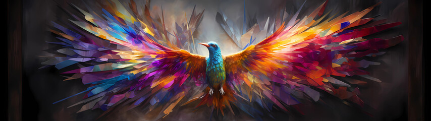 An ultra-wide piece of art, the vibrant and enchanting presence of a colorful bird, its wings gracefully spread across the expansive canvas, capturing the dynamic beauty of the avian subject