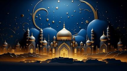 3D golden mosque on a blue background. islamic background. gift card