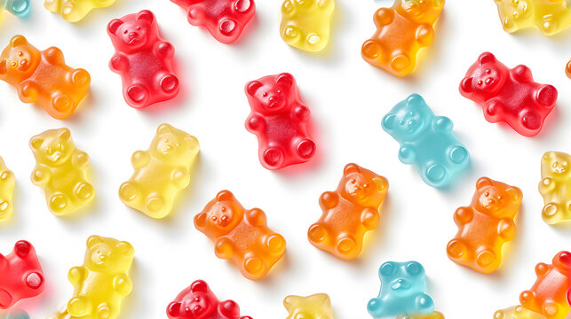 Seamless pattern with many colorful gummy bears on white background