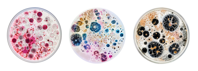 Round samples of micro cells seen under microscope over white transparent background