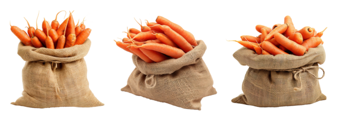 Burlap bag full of carrots over white transparent background