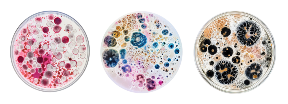 Round samples of micro cells seen under microscope over white transparent background