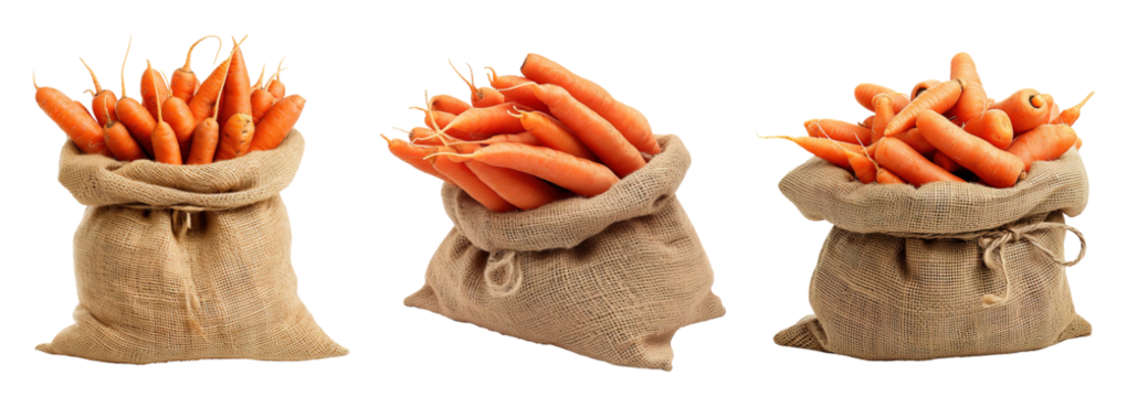 Burlap bag full of carrots over white transparent background