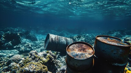 Naklejka premium Rusty barrels of toxic chemicals on the ocean floor. Corrosive secrets unfold beneath, rusty barrels pollute the ocean's fragile ecosystem. Environmental pollution concept.