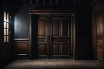A frontal view of a dark room with an old wooden door, dark and mysterious atmosphere