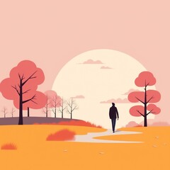 Man walking in the park. Spending time alone in nature. Peaceful atmosphere. sunset. flat illustration.