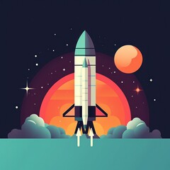 Fototapeta premium Rocket launch in the sky flying over clouds. Space ship in smoke clouds. Business concept. Start up template. Simple modern flat cartoon design. Space travel.
