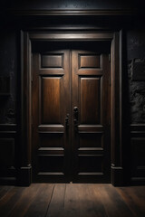 Fototapeta na wymiar A frontal view of a dark room with an old wooden door, dark and mysterious atmosphere