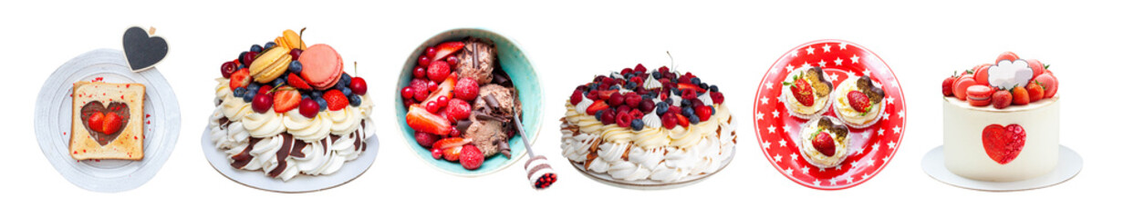 Set of isolated homemade desserts and cakes with fresh berries. Toast, pavlova, chocolate ice cream, cupcakes and cakes on colorful plates - obrazy, fototapety, plakaty