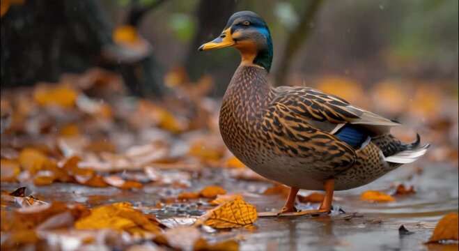 a duck on the ground in the rain