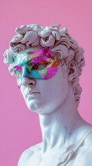 Roman statue of man is wearing mask of bright colors. Venice carnival minimal concept