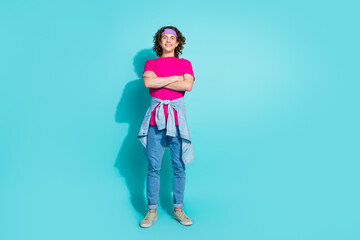 Full body photo of teenage boyfriend he is hipster from 90s folded hands wear headband for hair...