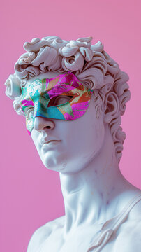 Roman statue of man is wearing mask of bright colors. Venice carnival minimal concept