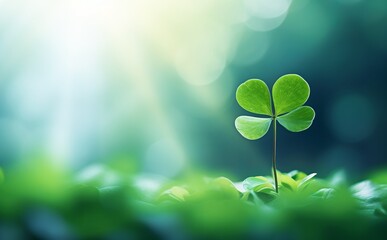 Obraz premium one leaf of clover under the rays of the sun. St. Patrick's Day. copy space