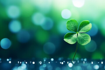 a clover leaf on a green background with a side. St. Patrick's Day. copy space - obrazy, fototapety, plakaty