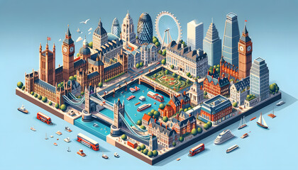 designing a captivating isometric world featuring iconic buildings from the United Kingdom - obrazy, fototapety, plakaty