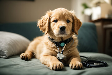 Labrador Retriever Puppy with Stethoscope lying on couch with stethoscope
