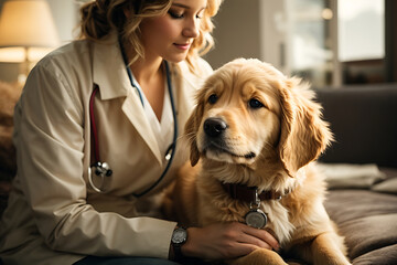 Labrador Retriever Puppy with Veterinarian and Stethoscope - Generative AI Image