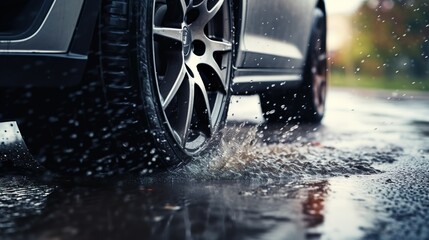 Closeup of dark car's tire splashes through a puddle after the rain. Reflection on the dark asphalt. Dynamic motion, blurred background.
