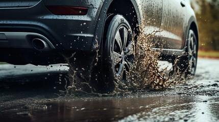 Closeup of dark car's tire splashes through a puddle after the rain. Dynamic motion, blurred background.