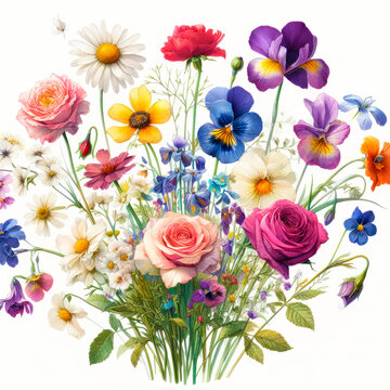 Bouquet of different flowers, roses, daisies, pansies and others. They are drawn in detail on a white background. Ideal for greeting cards, invitations or decorative printed products. AI Generation.