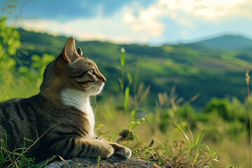 A cat on a beautiful green hill