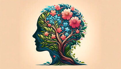 Digital illustration concept art of a human head silhouette with tree and flowers, self-care and mental health concept, positive thinking, creative mind - obrazy, fototapety, plakaty