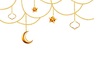 Watercolor Islamic arabian frame with golden crescent moon, stars on a gold chains illustration isolated on white background. Muslim hand drawn holiday Ramadan Kareem or Eid Al Adha 2024 template