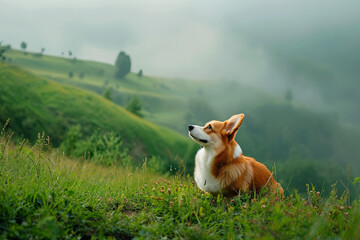 A corgi on a beautiful green hill