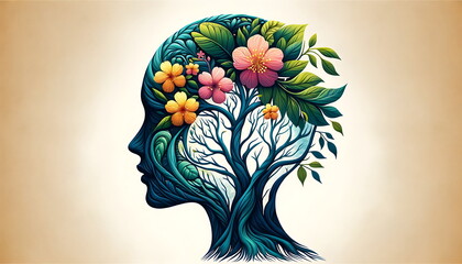Digital illustration concept art of a human head silhouette with tree and flowers, self-care and mental health concept, positive thinking, creative mind
